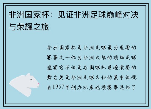 非洲国家杯：见证非洲足球巅峰对决与荣耀之旅