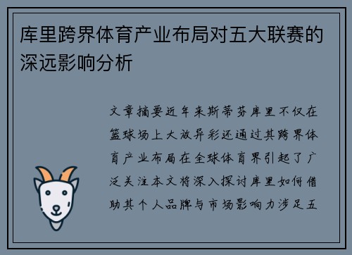 库里跨界体育产业布局对五大联赛的深远影响分析